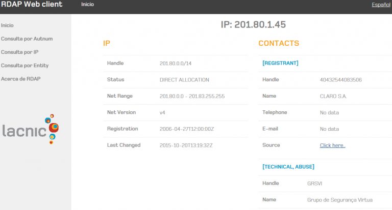 imagem contendo o website de verificação de detentor de IPLANIC
